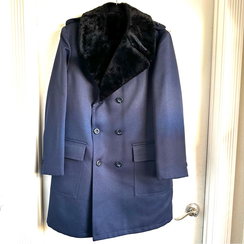 70s Vintage Sears Men's Double-Breasted Navy Blue Overcoat Lined w Faux Fur MINT